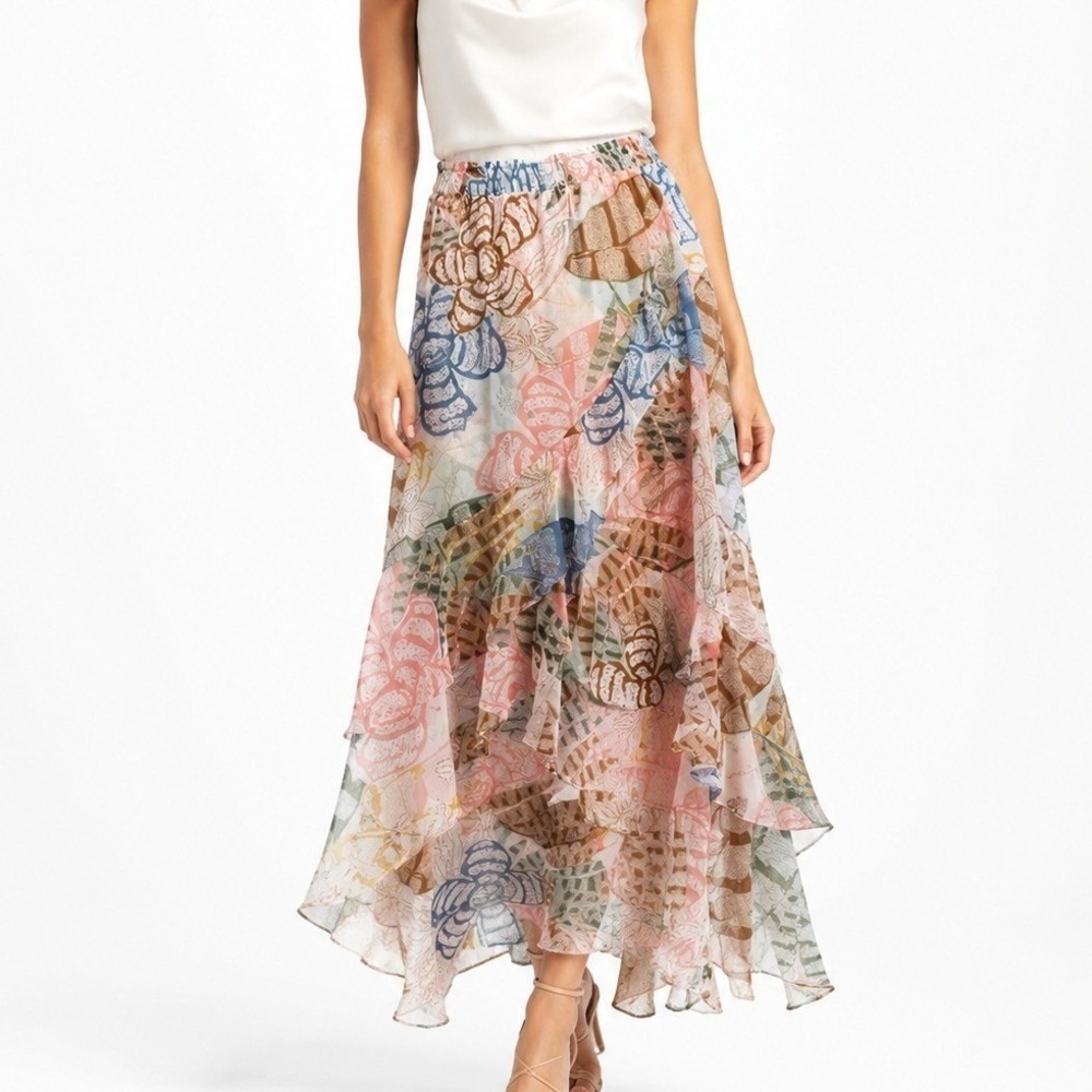 White House Black Market Boho Floral Ruffle High Low Maxi Skirt Sz 2 Pink Blue